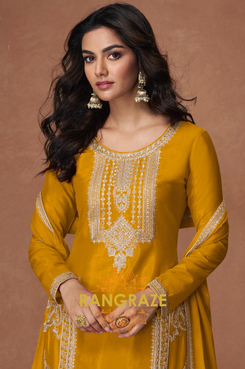 Sunlit Mustard Chinon Silk Suit Set with Floral Palazzo & Dupatta
