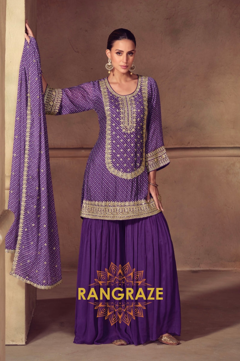 Royal Violet Bandhej Chinon Sharara Set