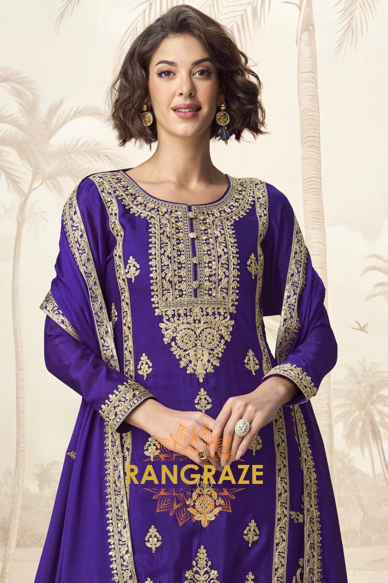Regal Amethyst Chinon Silk Sharara Suit Set – 3-Piece Embroidered Kurta, Sharara & Dupatta