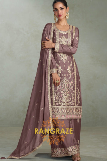 Mulberry Gold Embroidered Chinon Silk Suit Set