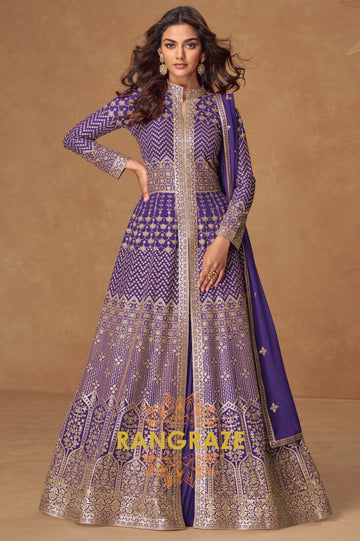 Majestic Magenta Front-Open Embroidered Chinon Anarkali Suit Set