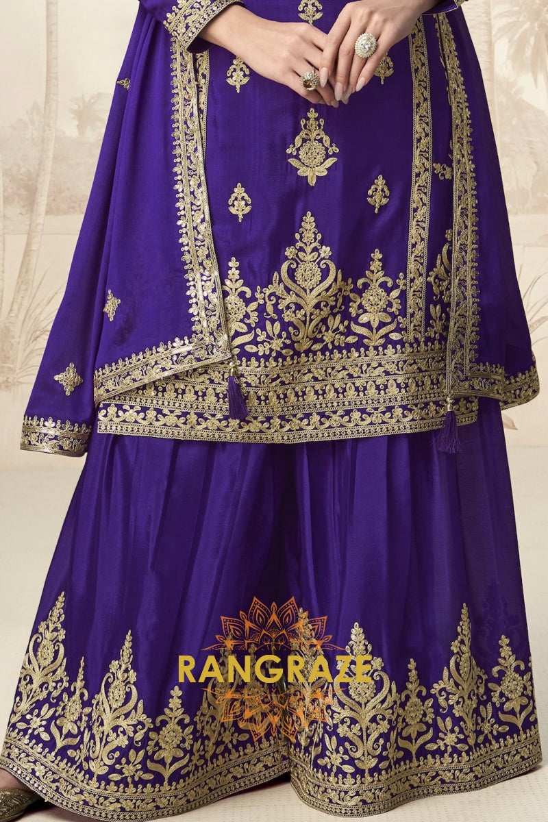 Regal Amethyst Chinon Silk Sharara Suit Set – 3-Piece Embroidered Kurta, Sharara & Dupatta