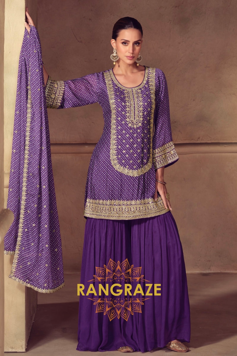 Royal Violet Bandhej Chinon Sharara Suit Set