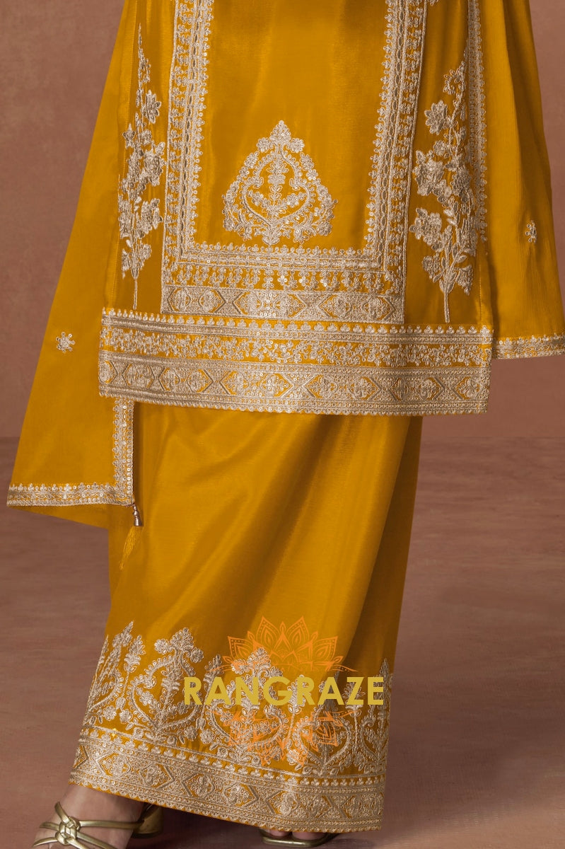 Sunlit Mustard Chinon Silk Suit Set with Floral Palazzo & Dupatta