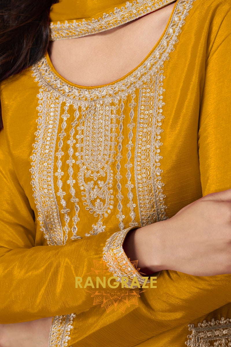 Sunlit Mustard Chinon Silk Suit Set with Floral Palazzo & Dupatta