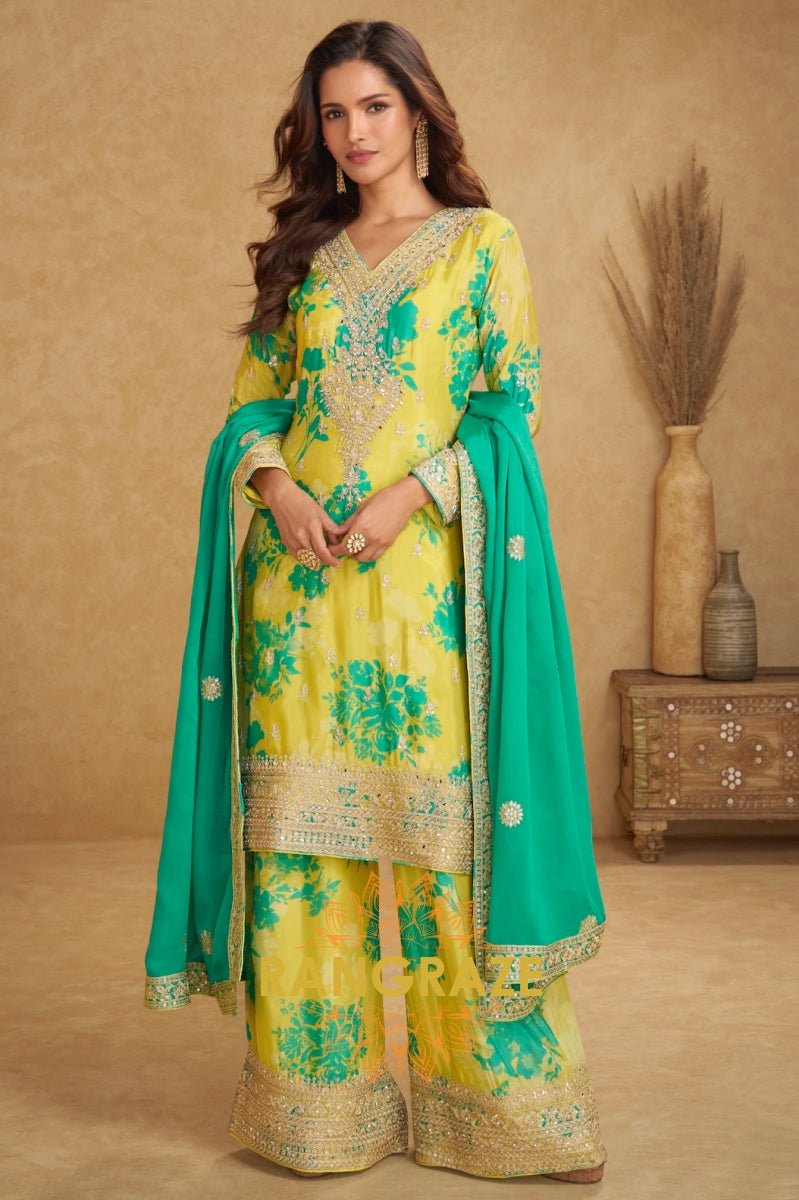 Radiant Lime Bloom Chinon Silk Suit Set – 3 Piece Embroidered Kurta, Palazzo & Dupatta