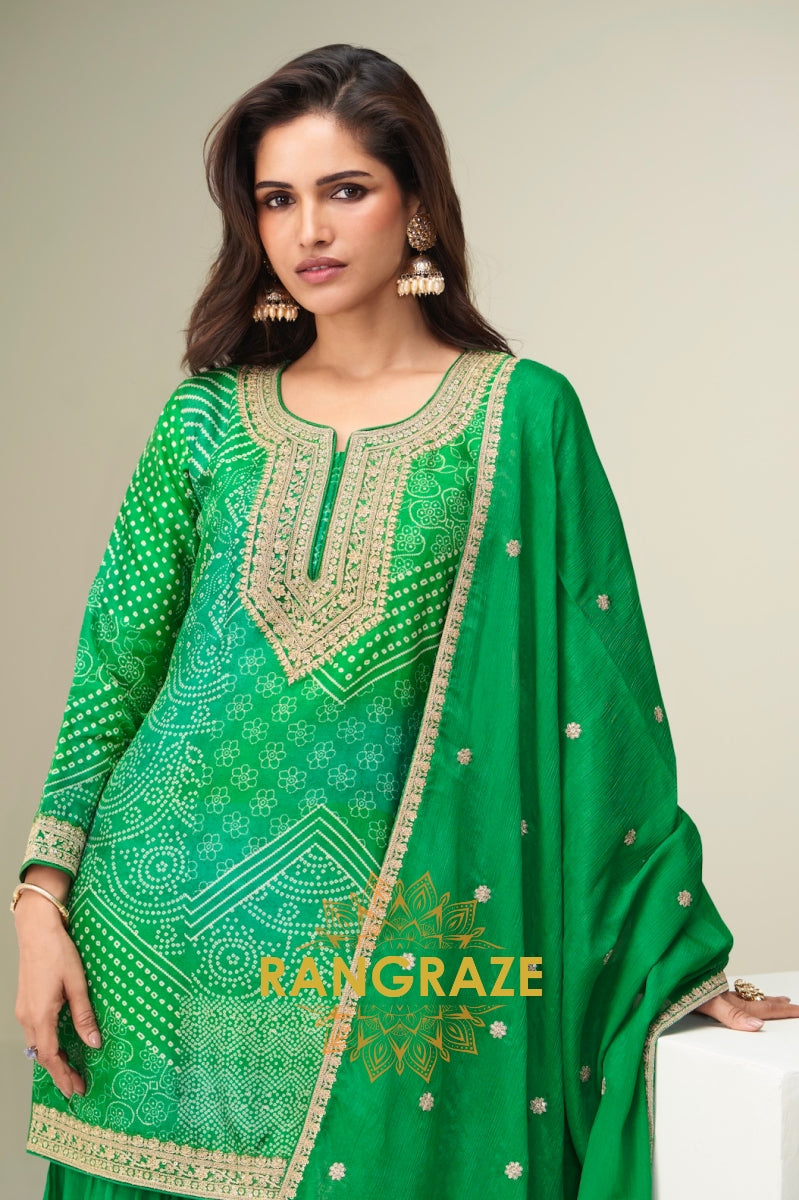 Royal Violet Bandhej Embroidered Chinon Sharara Suit Set
