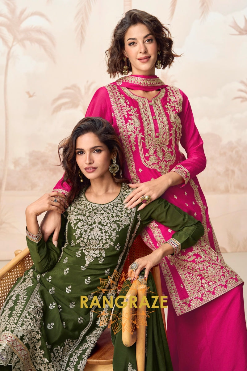 Olive Bloom Elegance Chinon Silk Suit Set – 3-Piece Embroidered Kurta, Palazzo & Dupatta