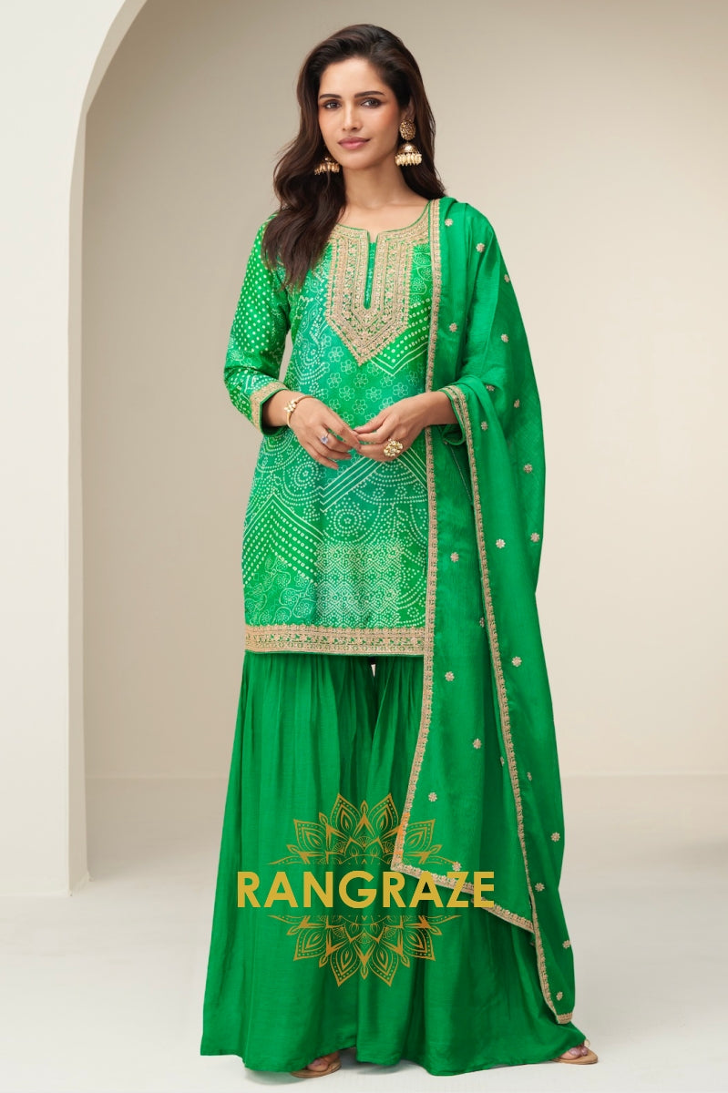 Royal Violet Bandhej Embroidered Chinon Sharara Suit Set