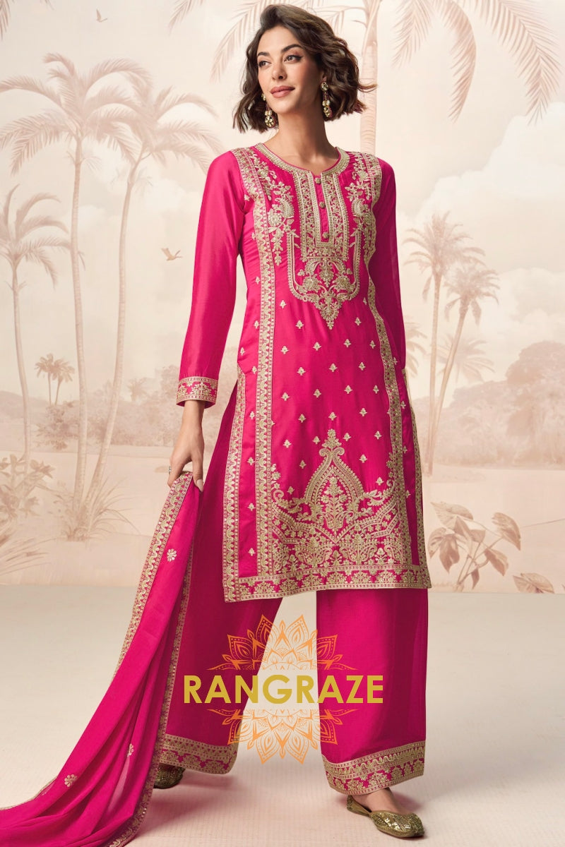 Fuchsia Royal Charm Chinon Silk Suit Set – 3-Piece Embroidered Kurta, Straight Pants & Dupatta