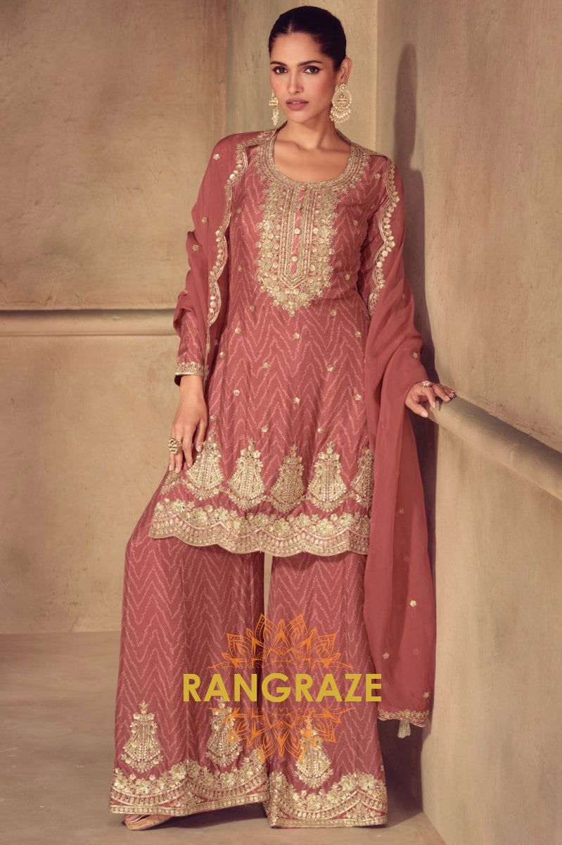 Regal Rose Gold Bandhej Embroidered Chinon Sharara Set