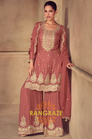 Regal Rose Gold Bandhej Embroidered Chinon Sharara Set