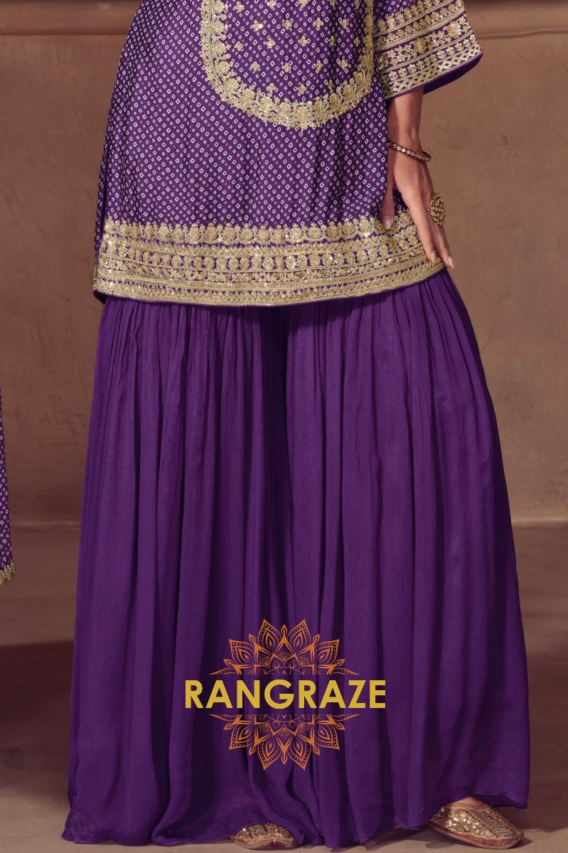 Royal Violet Bandhej Chinon Sharara Suit Set