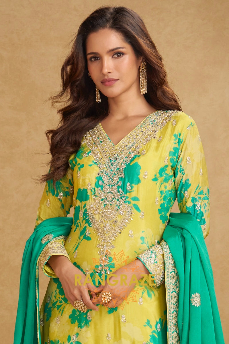 Radiant Lime Bloom Chinon Silk Suit Set – 3 Piece Embroidered Kurta, Palazzo & Dupatta