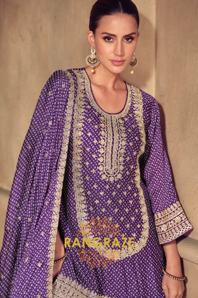 Royal Violet Bandhej Chinon Sharara Suit Set