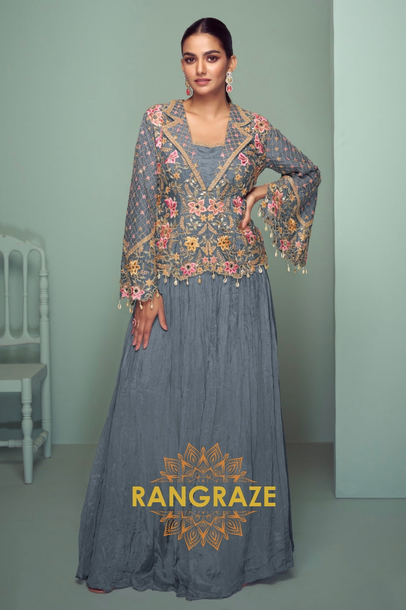 Slate Blossom Embroidered Chinon Jacket Style Suit Set