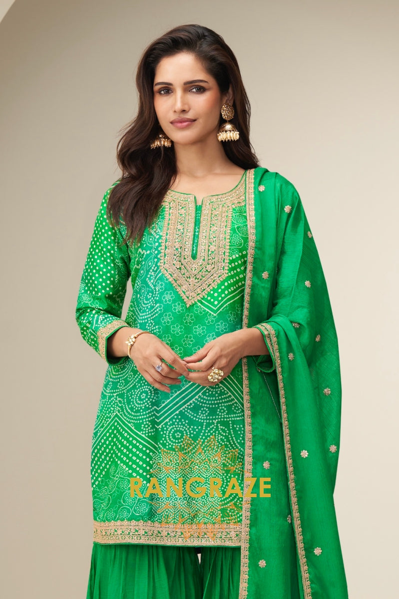 Royal Violet Bandhej Embroidered Chinon Sharara Suit Set