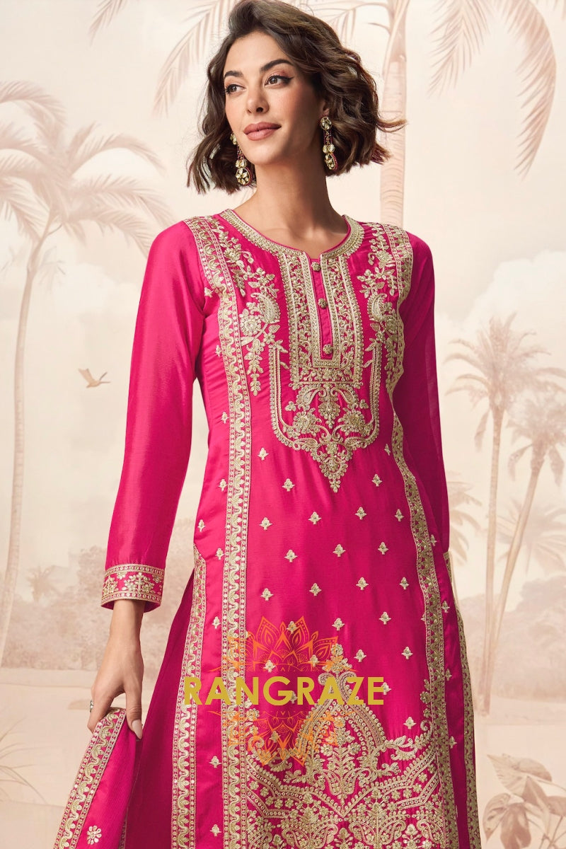 Fuchsia Royal Charm Chinon Silk Suit Set – 3-Piece Embroidered Kurta, Straight Pants & Dupatta