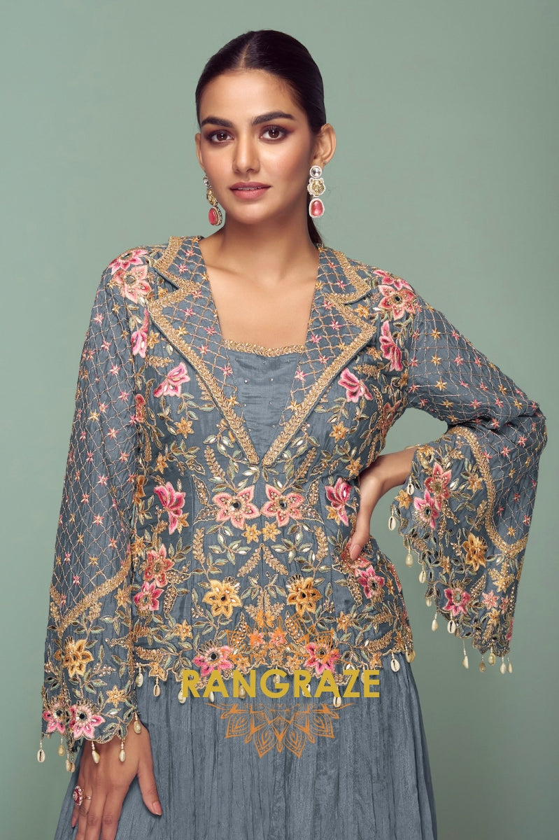 Slate Blossom Embroidered Chinon Jacket Style Suit Set