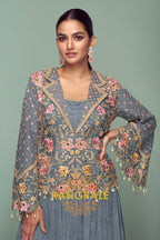 Slate Blossom Embroidered Chinon Jacket Style Suit Set