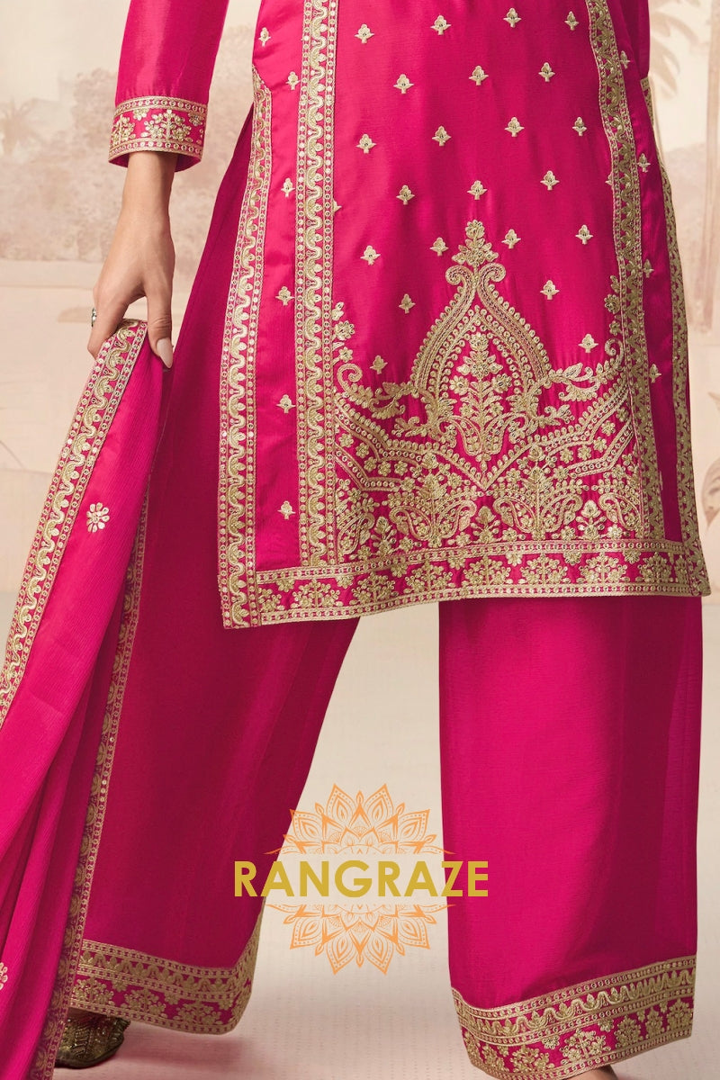 Fuchsia Royal Charm Chinon Silk Suit Set – 3-Piece Embroidered Kurta, Straight Pants & Dupatta
