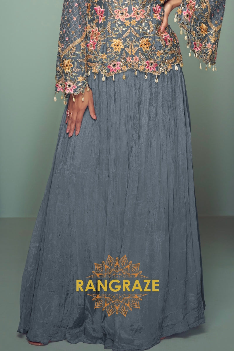 Slate Blossom Embroidered Chinon Jacket Style Suit Set