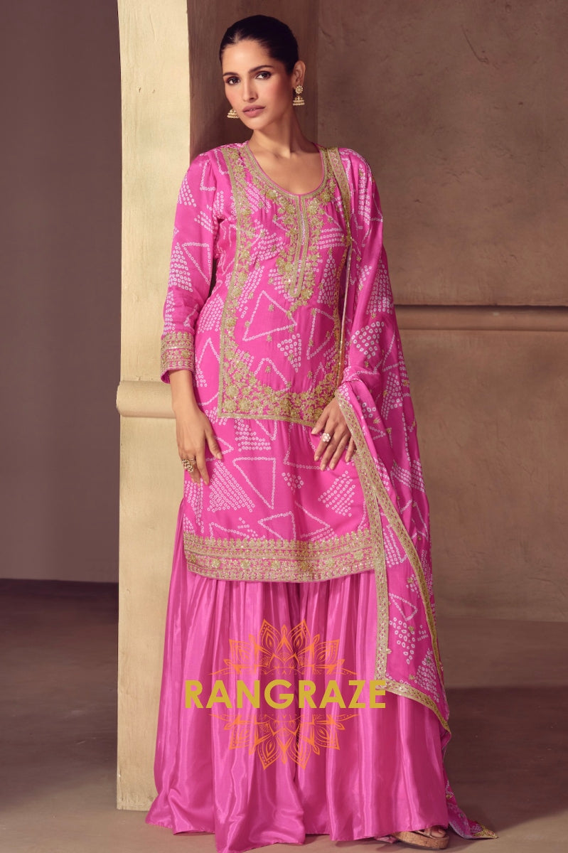 Blush Pink Bandhej Embroidered Chinon Sharara Set
