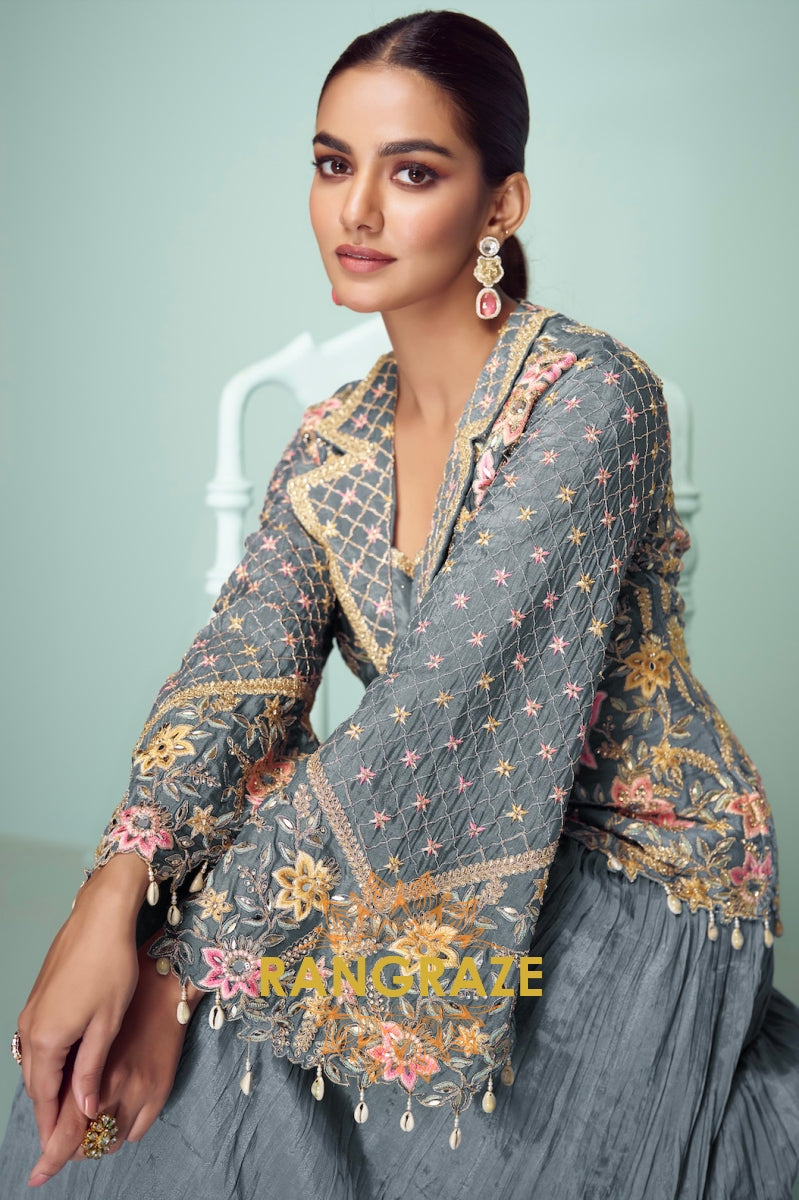 Slate Blossom Embroidered Chinon Jacket Style Suit Set