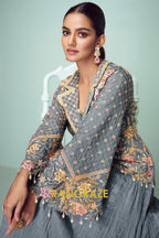 Slate Blossom Embroidered Chinon Jacket Style Suit Set