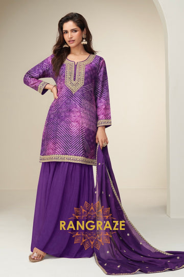 Rani Pink Bandhani Embroidered Chinon Sharara Set