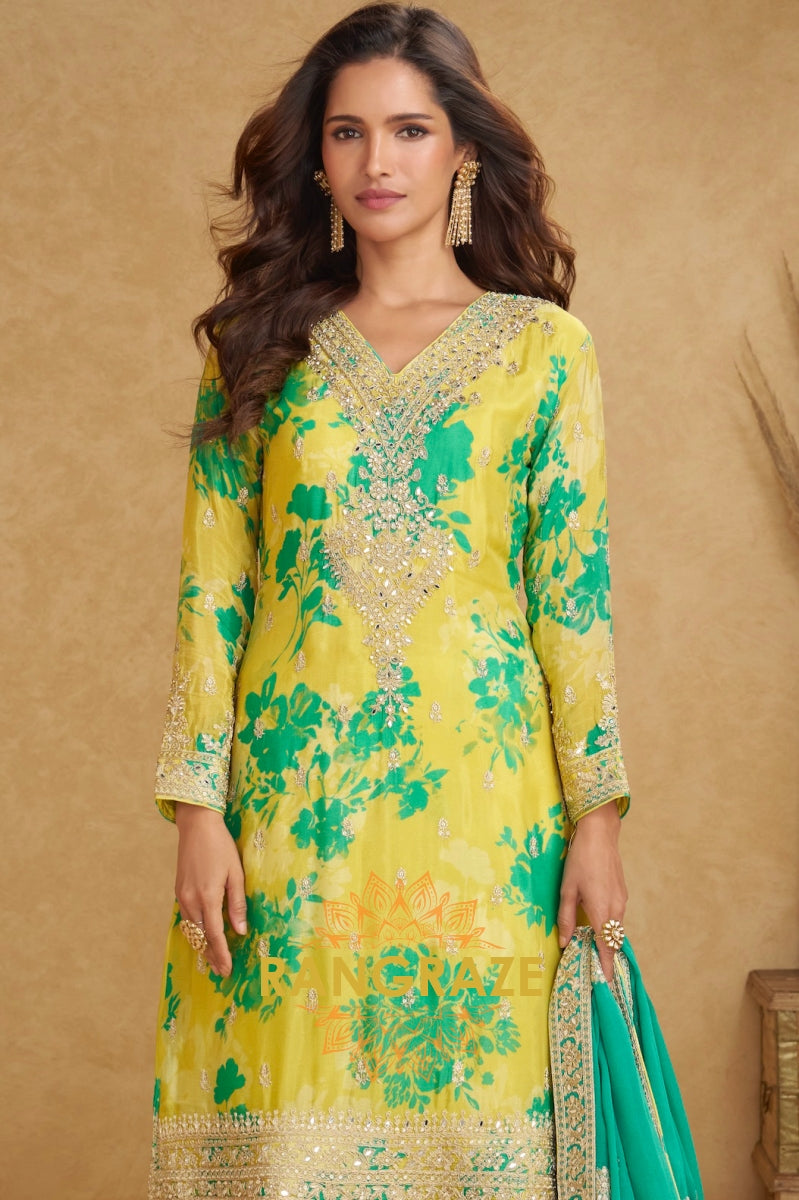 Radiant Lime Bloom Chinon Silk Suit Set – 3 Piece Embroidered Kurta, Palazzo & Dupatta