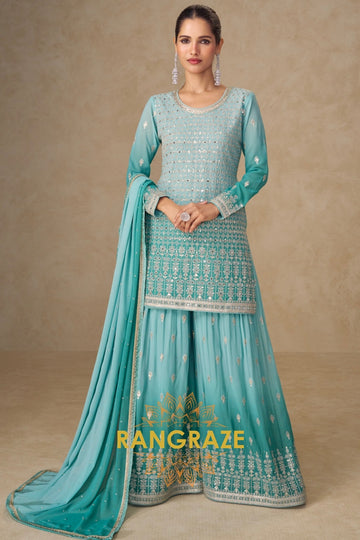 Aqua Mist Pure Georgette Hand Embroidered Sharara Suit Set