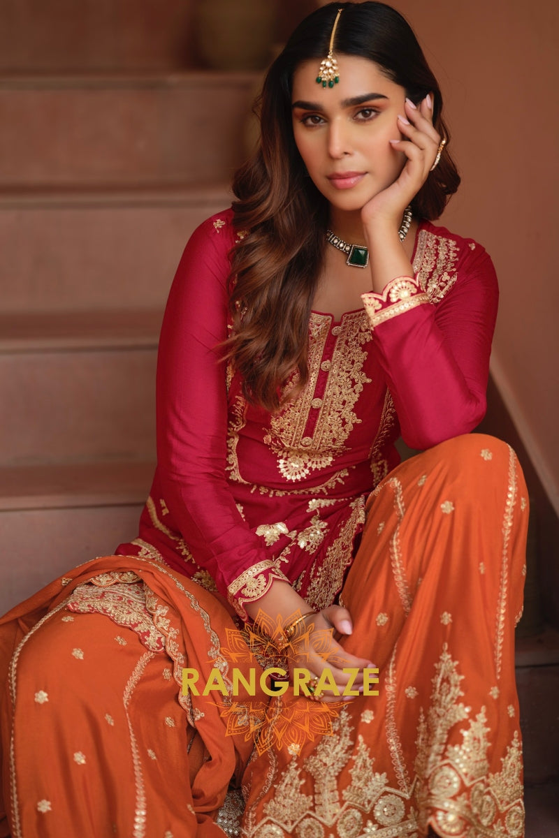 Ruby Ember Pure Chinnon Suit Set with Hand Embroidery