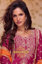Wine & Orange Pure Chinnon Hand Embroidered Suit Set