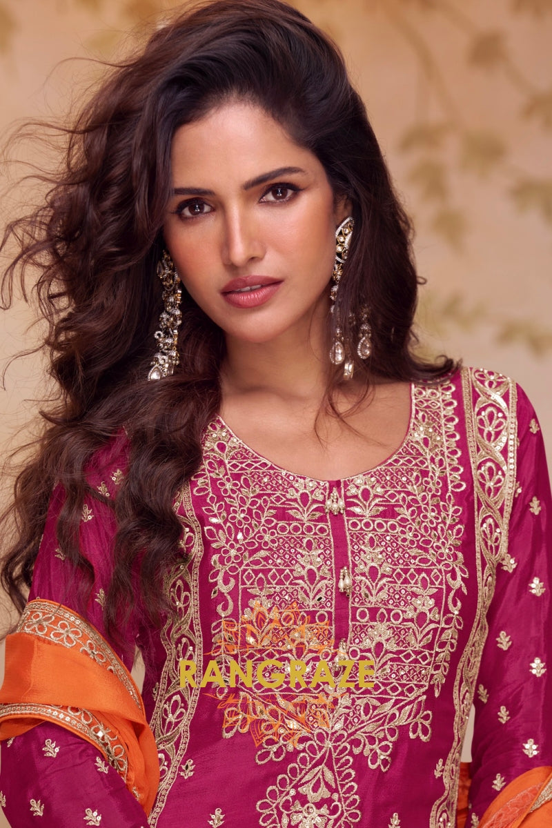 Wine & Orange Pure Chinnon Hand Embroidered Suit Set