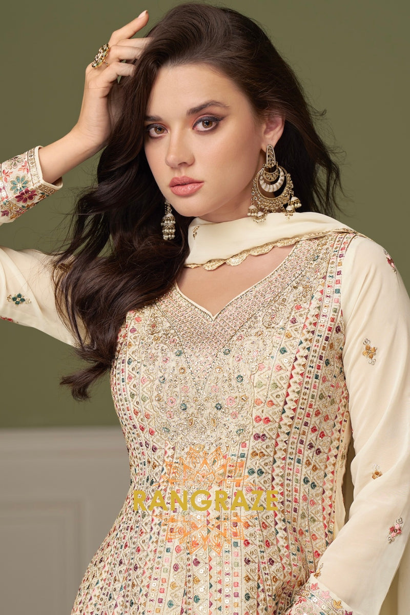 Ivory Pure Georgette Hand Embroidered Sharara Suit Set