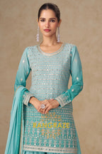 Aqua Mist Pure Georgette Hand Embroidered Sharara Suit Set