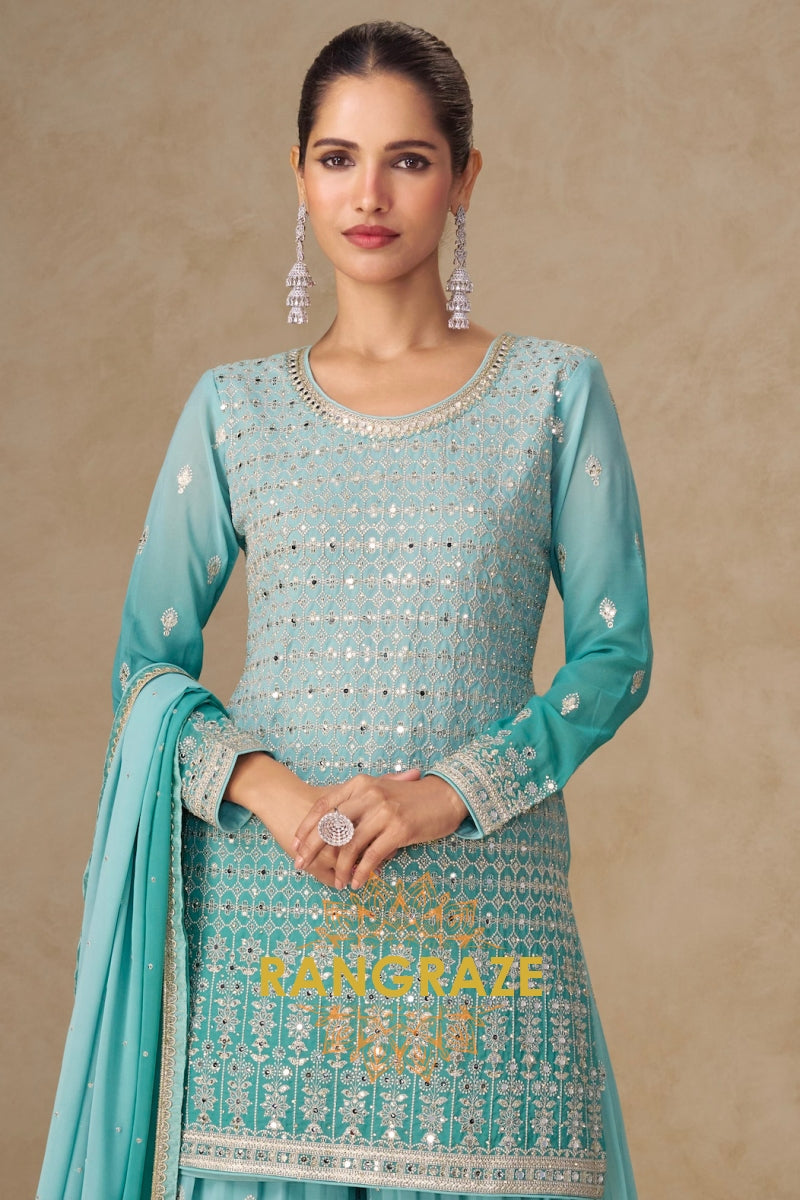 Aqua Mist Pure Georgette Hand Embroidered Sharara Suit Set