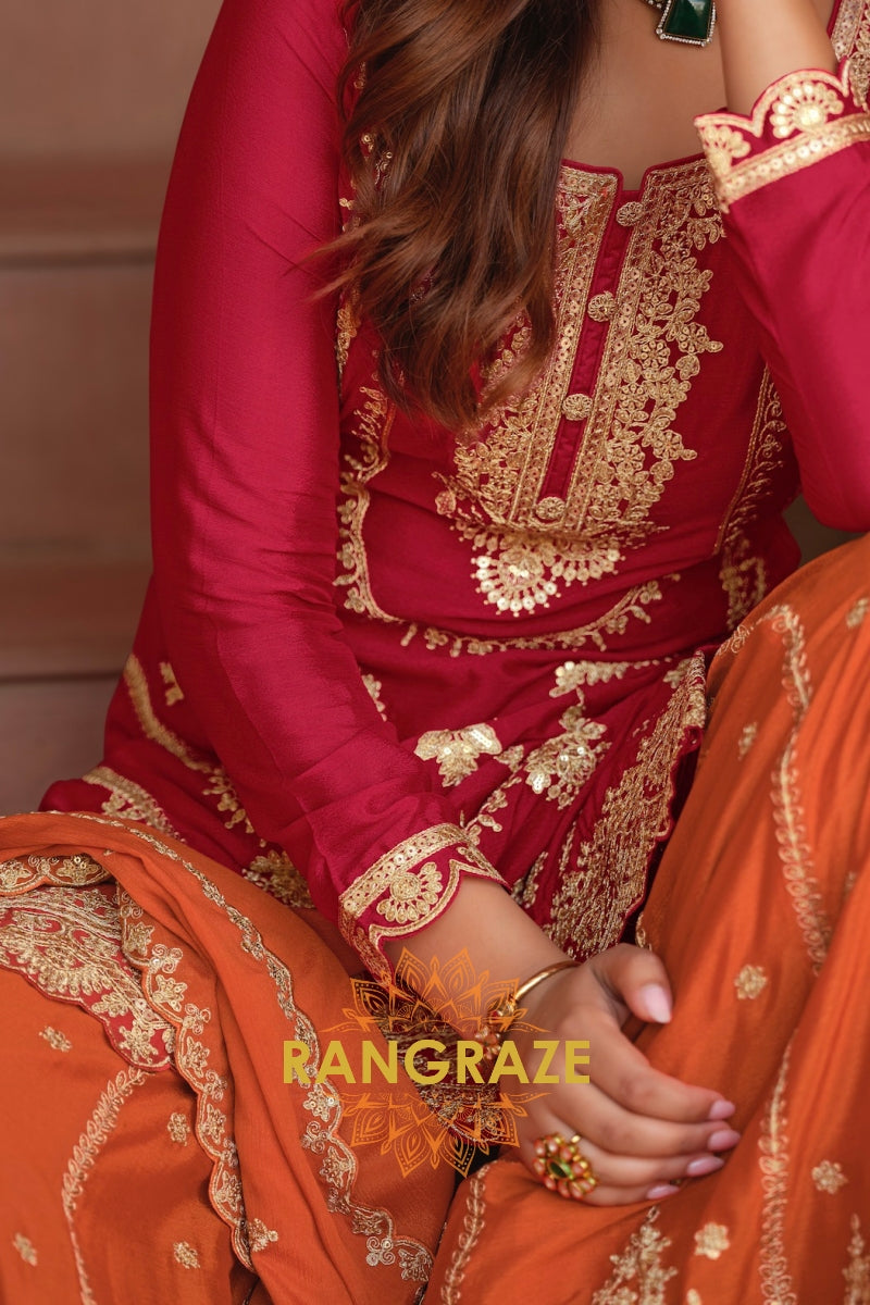 Ruby Ember Pure Chinnon Suit Set with Hand Embroidery