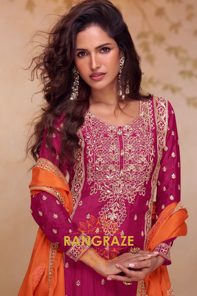 Wine & Orange Pure Chinnon Hand Embroidered Suit Set