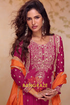 Wine & Orange Pure Chinnon Hand Embroidered Suit Set