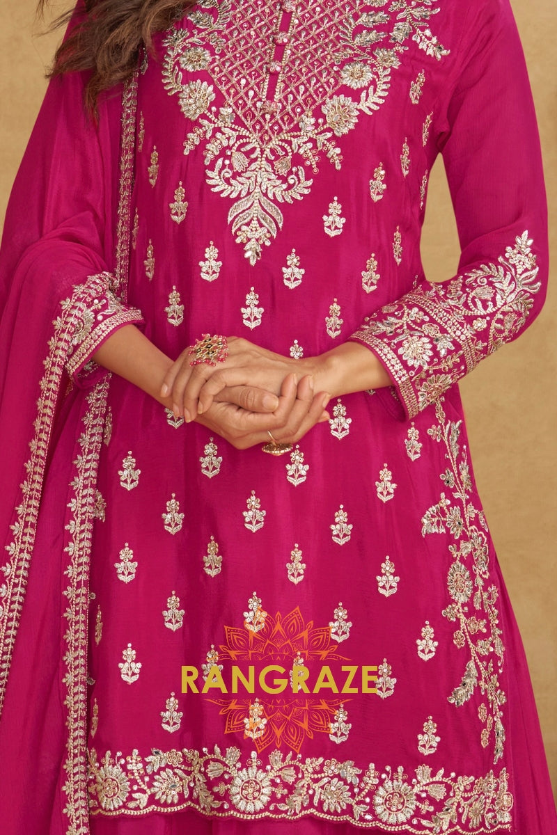 Rose Magenta Pure Chinnon Suit Set with Hand Embroidery