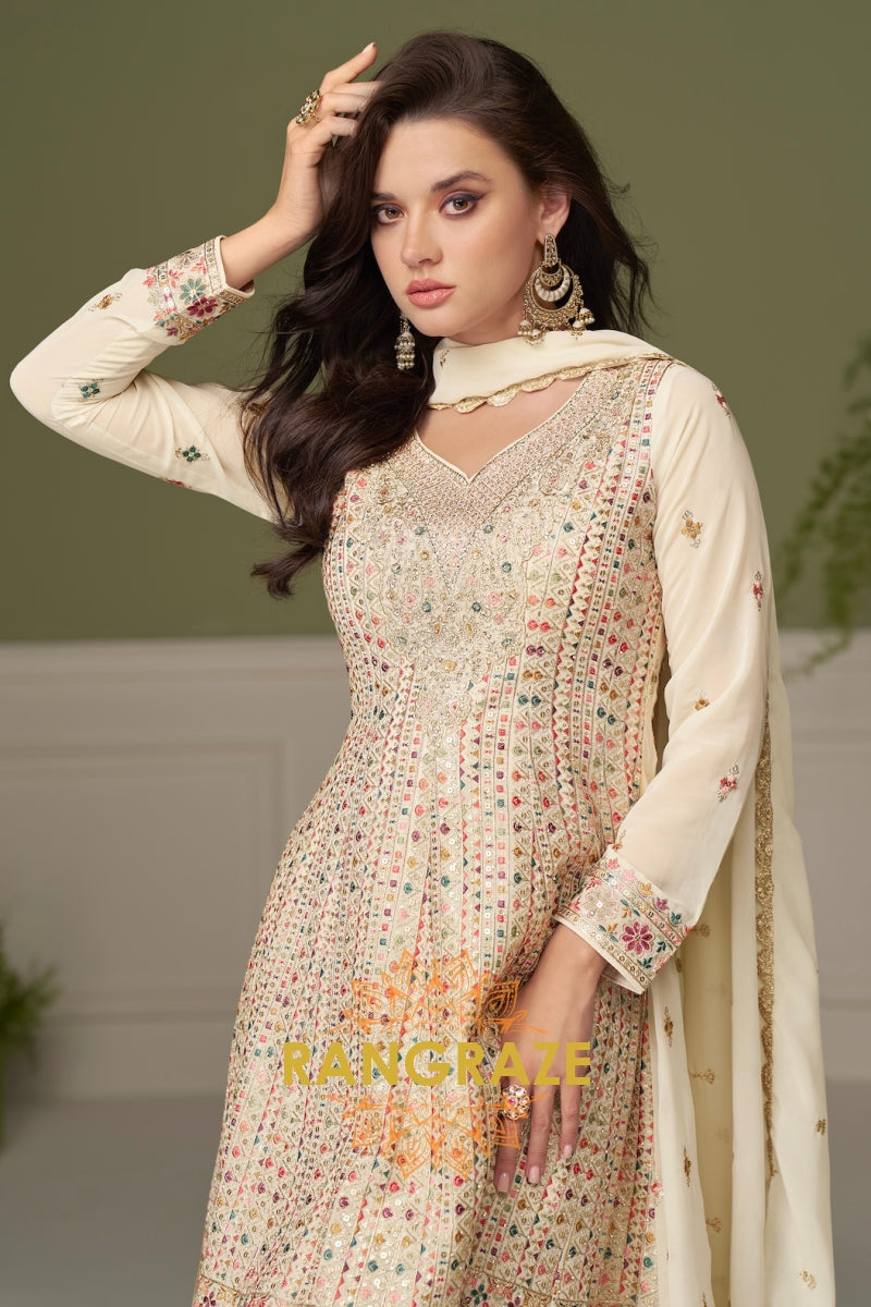 Ivory Pure Georgette Hand Embroidered Sharara Suit Set