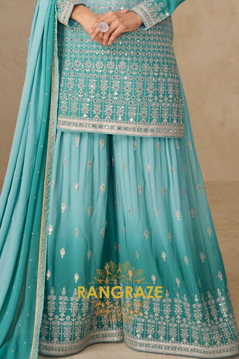 Aqua Mist Pure Georgette Hand Embroidered Sharara Suit Set
