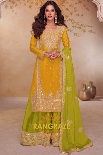 Mustard & Lime Pure Chinnon Hand Embroidered Suit Set