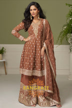 Mocha Pure Georgette Hand Embroidered Sharara Suit Set