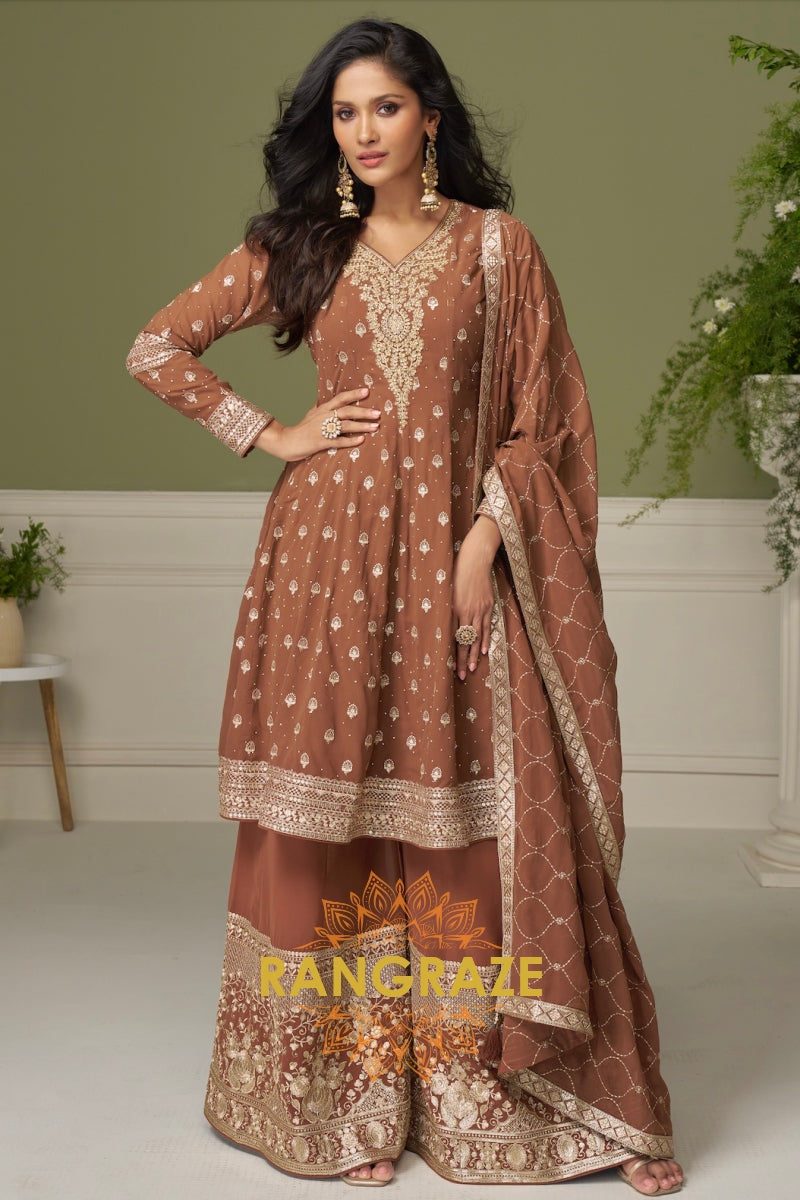 Mocha Pure Georgette Hand Embroidered Sharara Suit Set