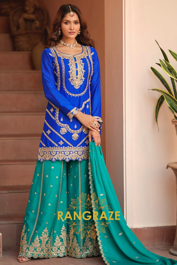 Royal Sapphire Pure Chinnon Suit Set with Hand Embroidery