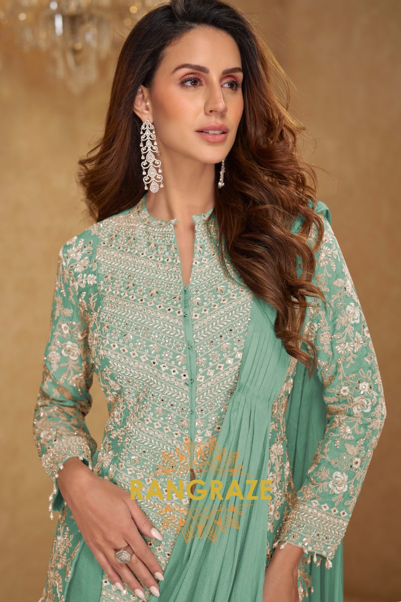 Mint Aura Pure Georgette Saree Style Suit Set with Hand Embroidery
