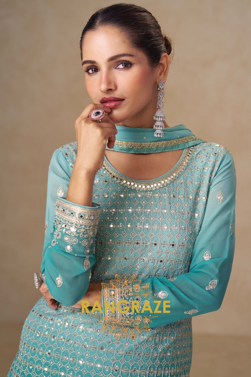 Aqua Mist Pure Georgette Hand Embroidered Sharara Suit Set